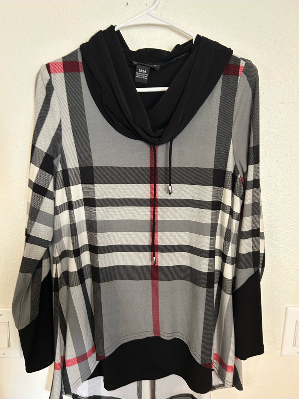 MM Vintage Plaid Hooded Tunic Sweatshirt - Gray with Black & Red Accents